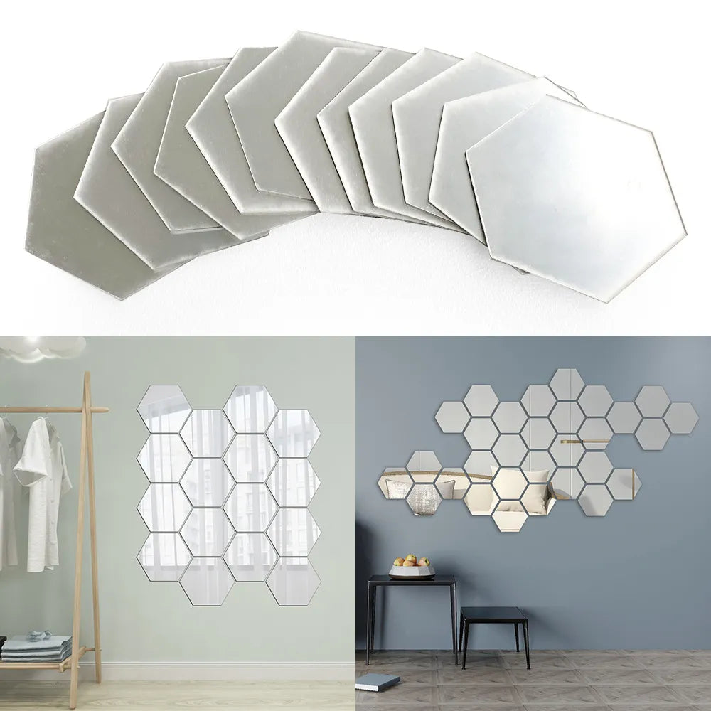 3D hexagon mirror wall sticker displayed on a white wall, creating a modern and stylish home decor accent.