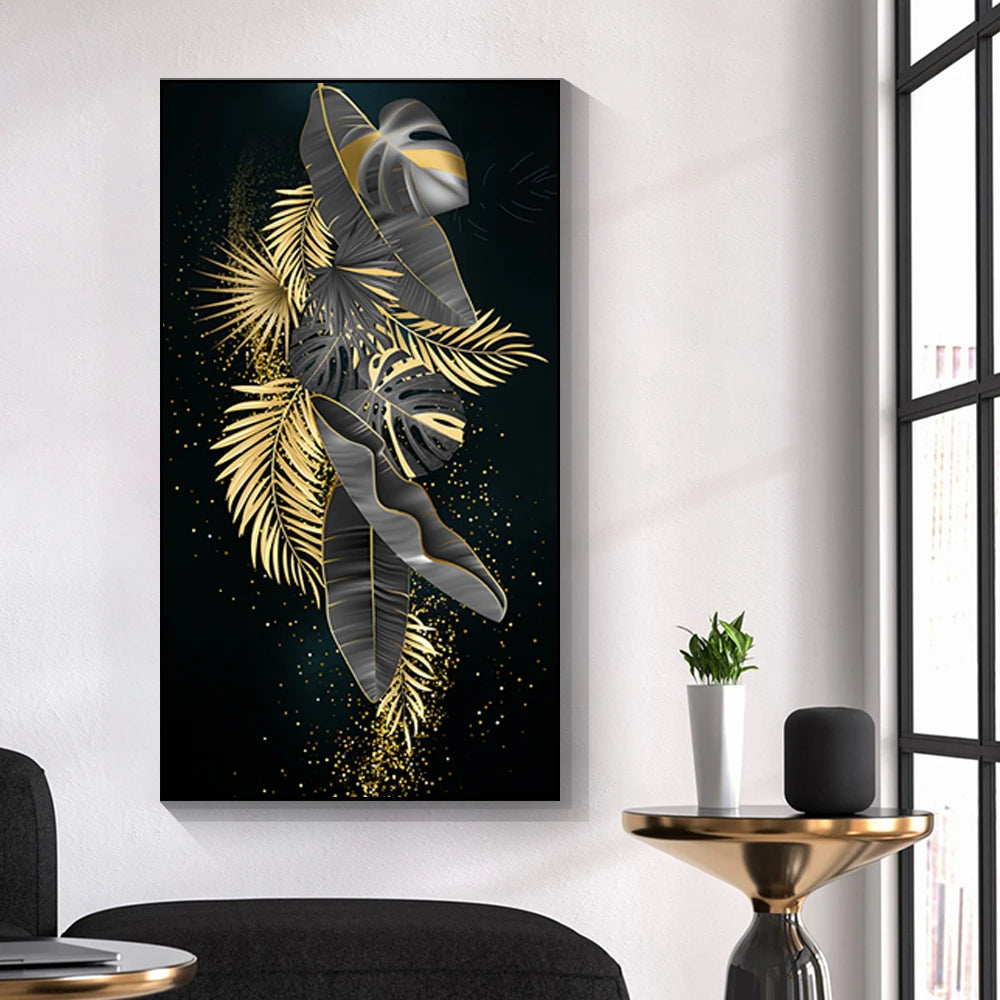 Ethereal Golden Flora: Canvas Oil Painting