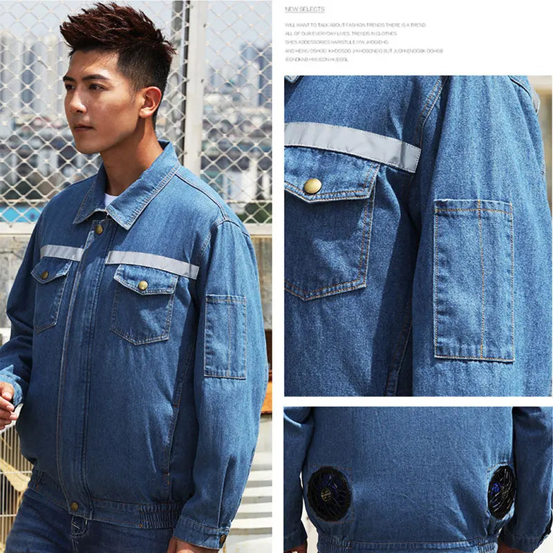 Men's USB-Powered Denim Cooling Jacket with Reflective Safety Stripes