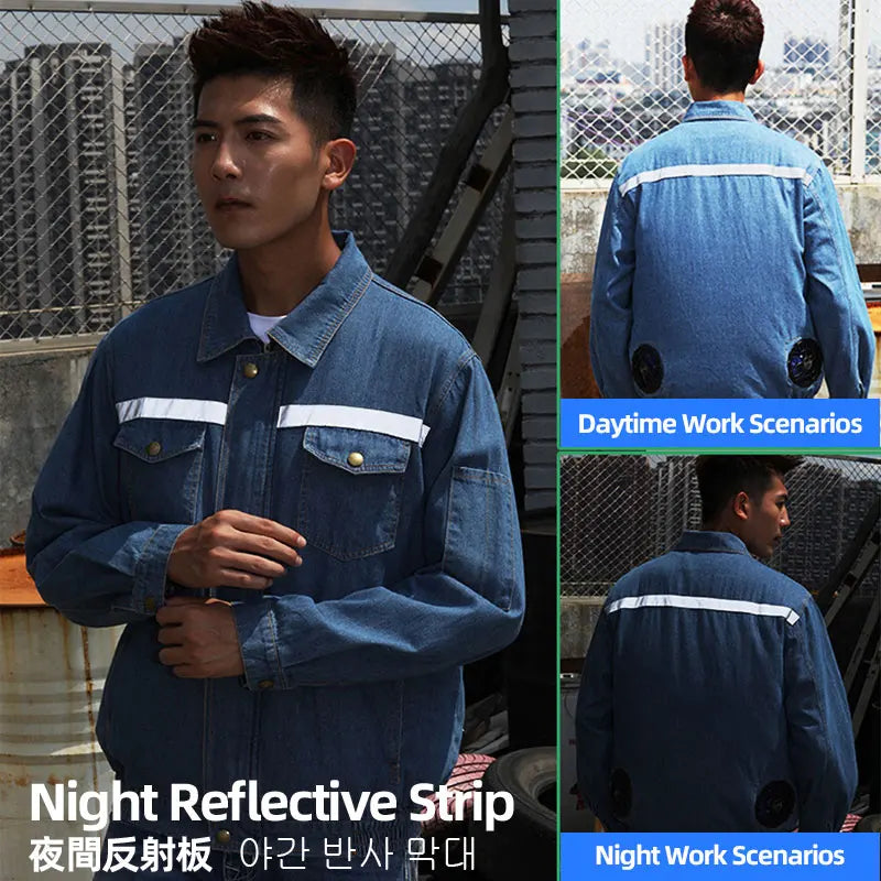 Men's USB-Powered Denim Cooling Jacket with Reflective Safety Stripes